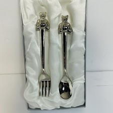 Baby Fork / Spoon Set Bear Silver In Box Stainless Steel Utensils Toddler New