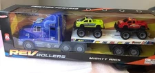 Rev Rollers Friction Powered Blue Semi Truck Carrier Vehicle Transport Flatbed 3