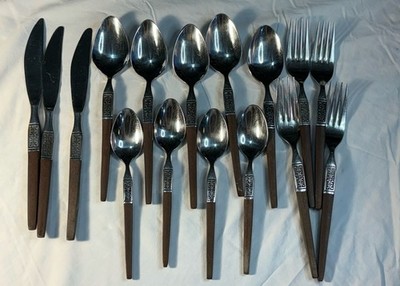 16 Pce Interpur INR2 Stainless Spoons Brown Faux Wood Handle Flatware MCM Japan