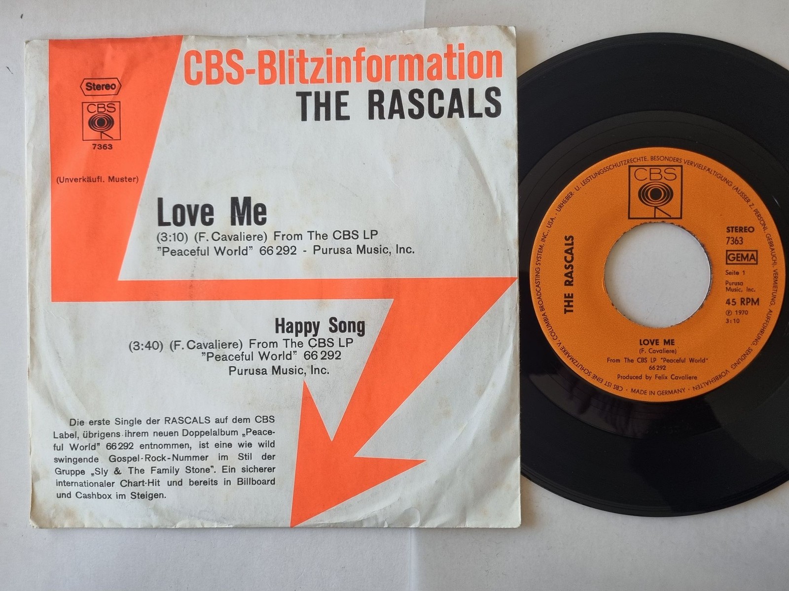 The Rascals - Love Me 7'' Vinyl Germany PROMO