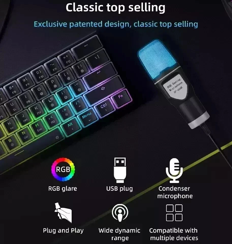 USB Condenser Microphone for PC, Laptop RGB Gaming Mic for Streaming, Podcast - Image 3 of 4