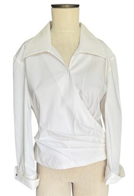 Vintage TADASHI Crisp White Wrap Ruched Collared Shirt Rhinestone Cuffs Sz 12