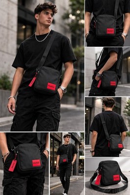 HUGO BOSS Black Red Small Crossbody Bag for Men Adjustable Strap