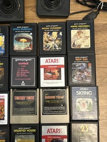 Atari 2600 Woodgrain 4 Switch Console w/ 25 Games 2 joysticks Tested Working