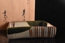 F9186: Japanese Oribe-ware Green glaze DESSERT BOWL/dish, auto w/signed box
