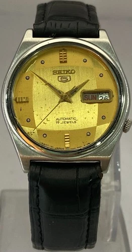 Vintage Luxury Automatic Seiko5 Golden Dial 7009 with "D/D" Watch Leather Strap