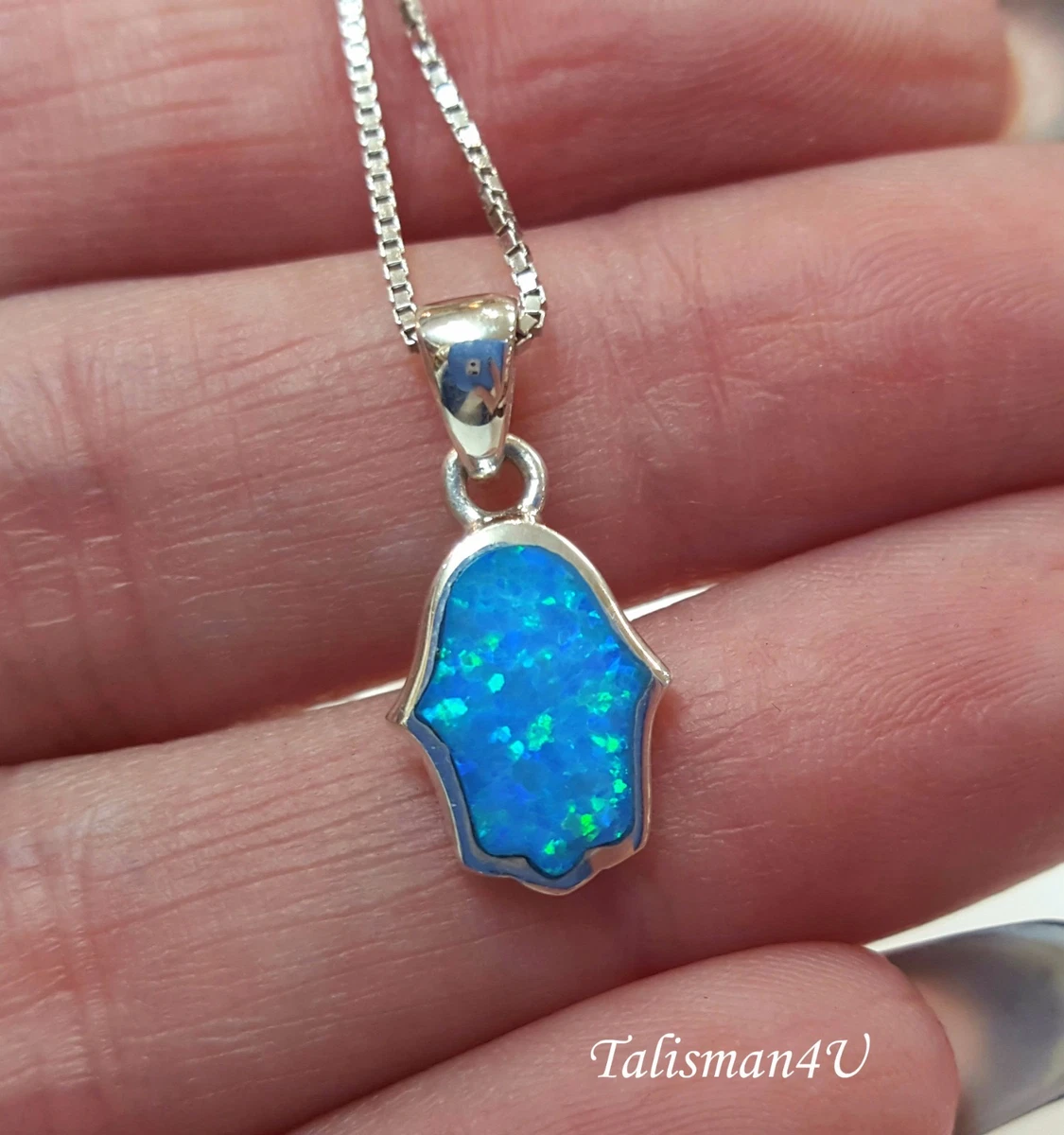 Blue Opal Hamsa Hand Necklace Evil Eye Protection 925 Sterling