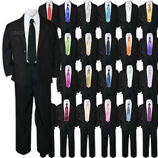 5pc Baby Kid Teen Boy Wedding Formal Black Tuxedo Suit Extra Color Tie sz 4T-20