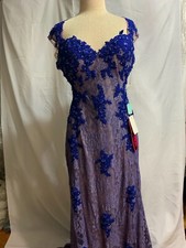 Lace lavender with Royal Blue Appliqué dress women party long elegant NEW