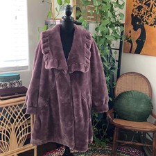 Tissavel France Purple Silvery Faux Fur Ruffle Collar Swing Coat