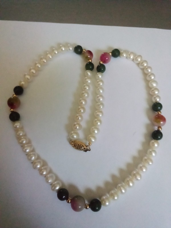 ARTISAN 10K FW PEARL WATERMELON QUARTZ & Irish Connamera Marble17"  NECKLACE #30