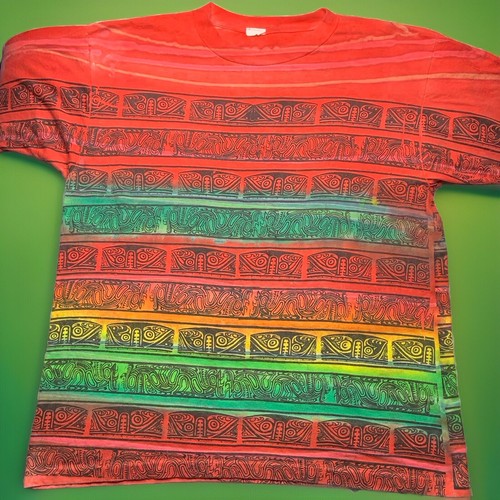 VTG All Over Mayan Incan Aztec Print T-Shirt Green Large Single Stitch Central