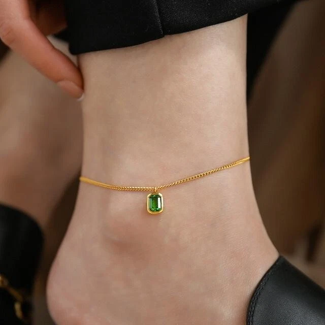 2Ctw Emerald Cut Lab-Created Emerald Women's Chain Anklet 14K Yellow Gold Finish - Image 2 of 4