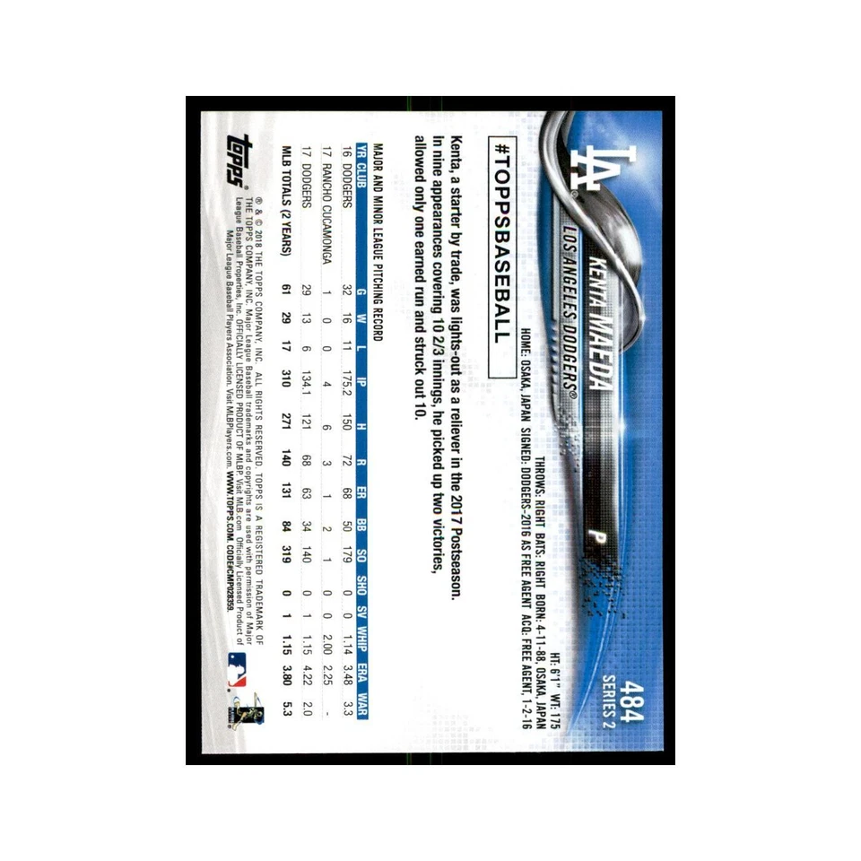 Kenta Maeda 2018 Topps #484 Los Angeles Dodgers Baseball Card NM - Image 2 of 3