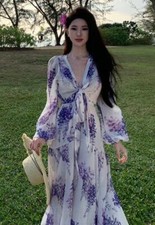 Women's temperament grace long sleeves floral slit high waist seaside long dress