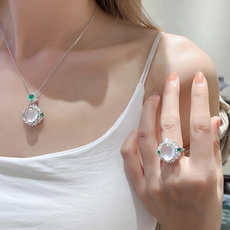 Collar colgante anillo hemisferio natural gris ágata piedras preciosas moda mujer 2 piezas Foto 2 de 4