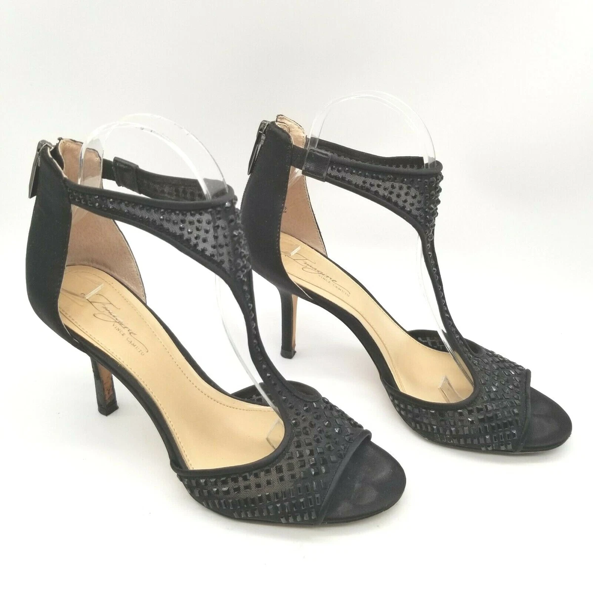 Imagine Vince Camuto Rea Women s Embellished T Strap Sandal Black Satin 7.5 M