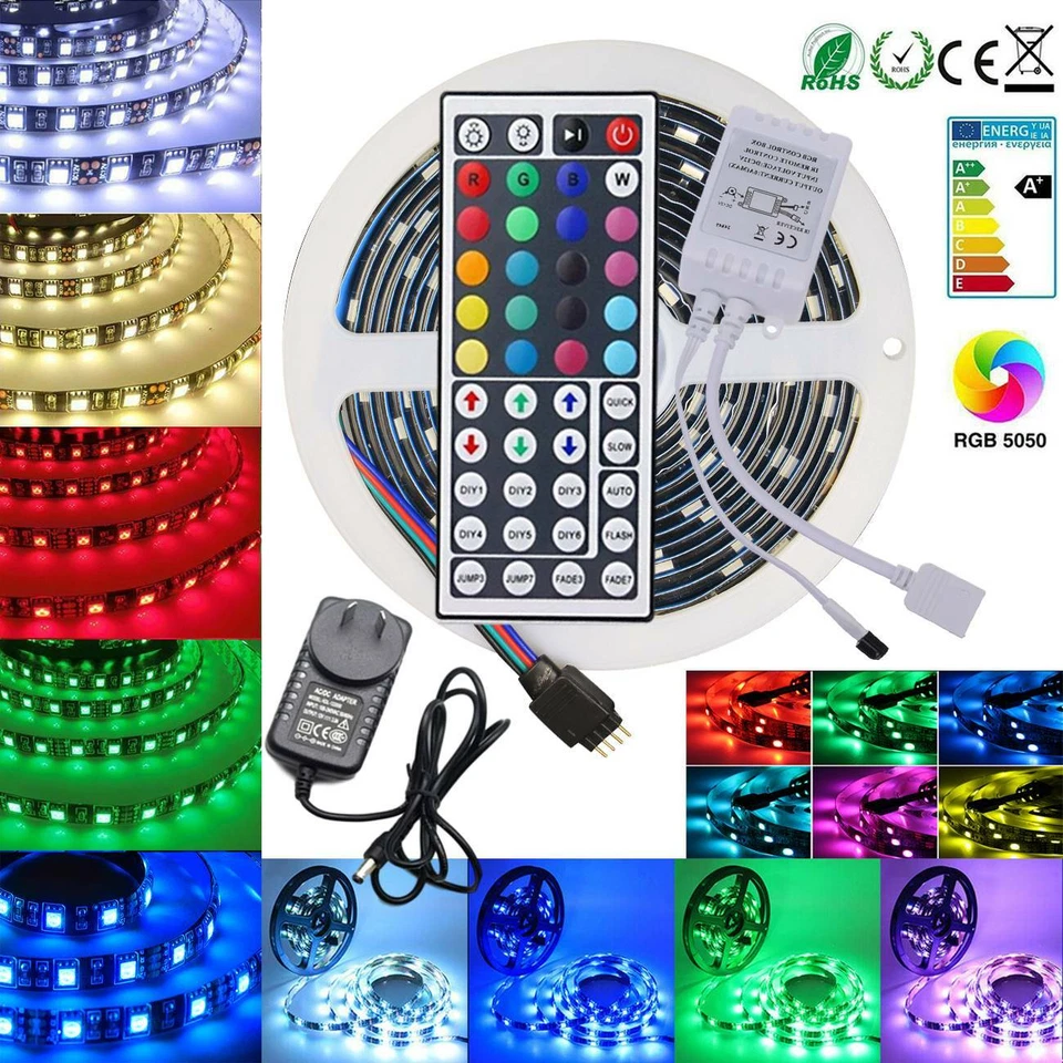 5050 RGB LED Strip Lights Waterproof 5m 10m 20m 12V 44key IR Controller