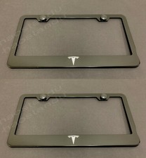 2xteslalogo Black Stainless Metal License Plate Frame Wscrew Caps