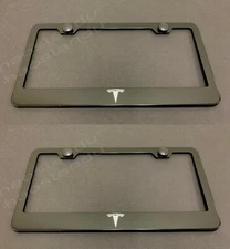 2xTeslaLOGO BLACK Stainless Metal License Plate Frame w/Screw Caps