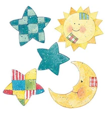 Sun Moon Stars Celestial Baby 25 Wallies Yellow Blue Patchwork Decals Stickers