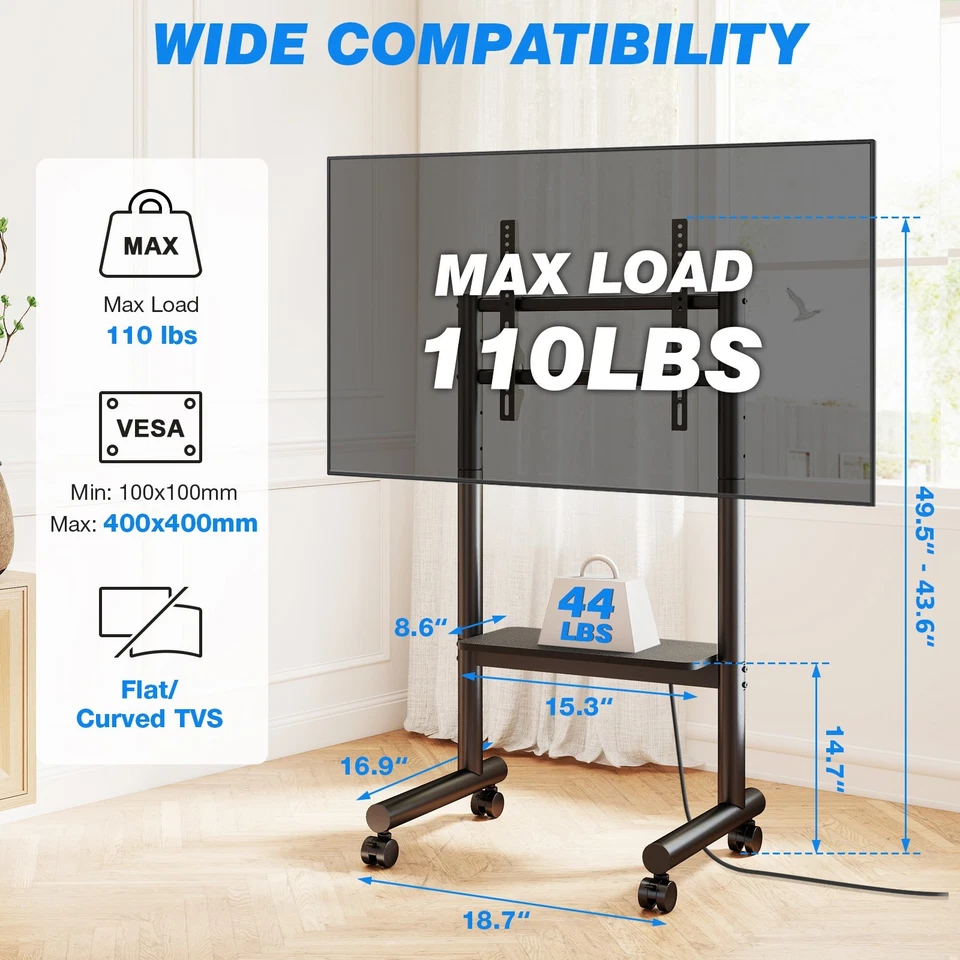 Rolling TV Stand with Wheels - Height Adjustable 43.6"-49.5" Mobile TV Cart New - Image 2 of 4