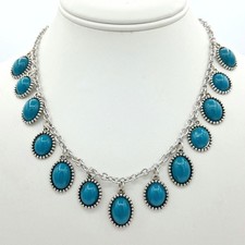 Silver Tone Faux Turquoise Dangle Necklace Southwestern Style 16" Plus