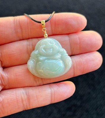 Floating Green Laughing Buddha Jadeite Jade Pendant, 100% Untreated Certified