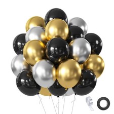 Black Gold Silver Balloons Set, 60 Pcs 12 Inch Metallic Chrome Gold Silver Ba...