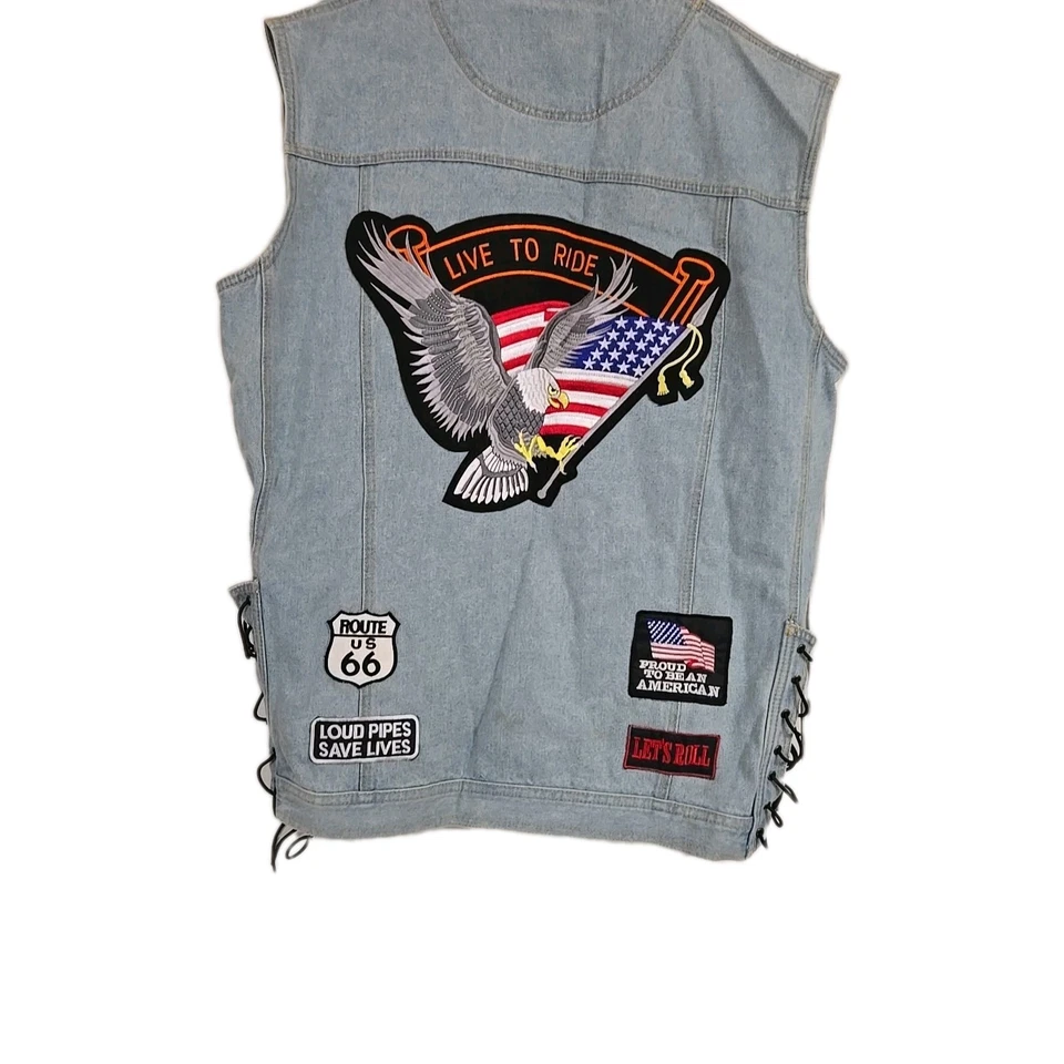 Vintage Diamond Plate Denim Biker Vest Men's Size 2X Eagle Patches USA Flag XXL - Image 2 of 4
