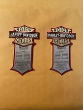 Harley Davidson Patented Metal Decal Sticker Set (2) Oem Nos Oil Tank Flat