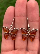 Silver Amber butterfly earrings vintage 925