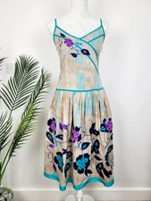 Monsoon Beige Teal Floral Dress Strappy Cotton Occasion UK 8 Wedding Guest