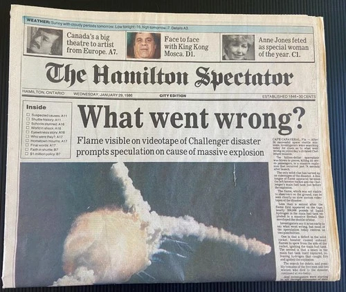 Historic Challenger Shuttle Explosion, Hamilton Spectator January 29, 1986