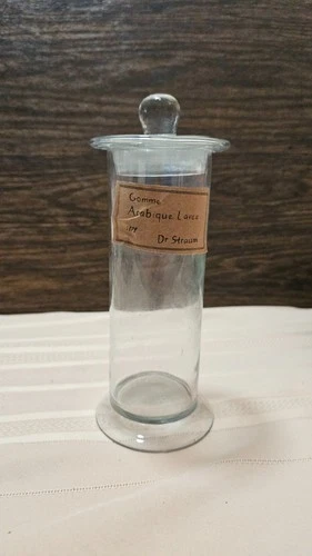 Antique Style Apothecary Jar Gomme Arabique Lavee Glass Bottle 8 1/2" Tall
