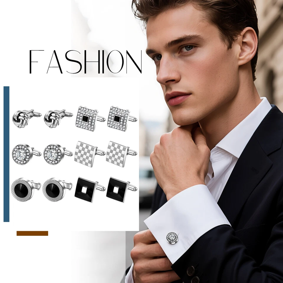 6 Pairs Cufflinks for Men Cuff Links Shirt Suit For Wedding Groom Business Gift - Image 4 of 4