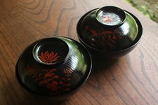 Wajima Black Lacquered Two Bowls with Silver Chrysanthemum and Kikkō Patterns,