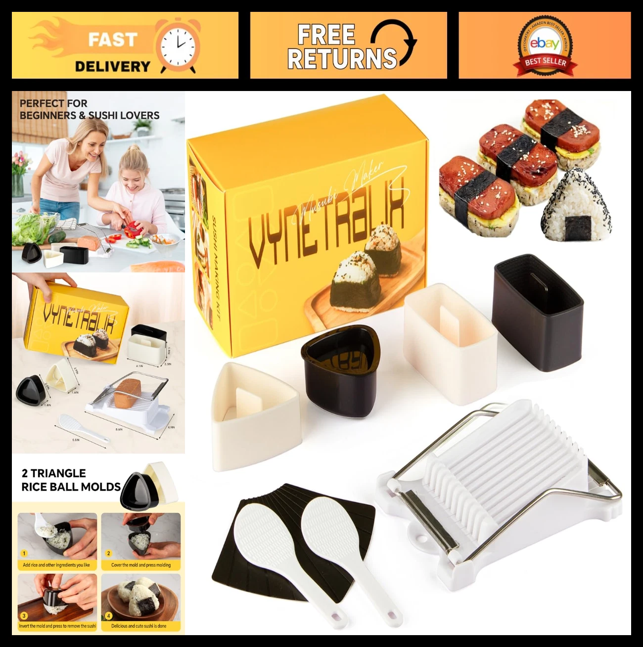7-Piece Sushi Making Kit - Musubi Press, Onigiri Molds, Rice Paddles & More!