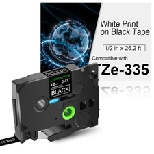 Replacement with Brother P-Touch  TZ-335 White on Black 0.47" Label Tape 12mm 