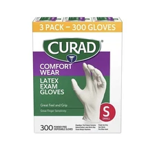 CURAD Comfort Wear Latex  Exam Gloves  Small 300 Gloves - 3 Packs Of 100
