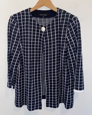 MING WANG Navy & White Checked 3/4 Sleeve Career Business Cardigan Small