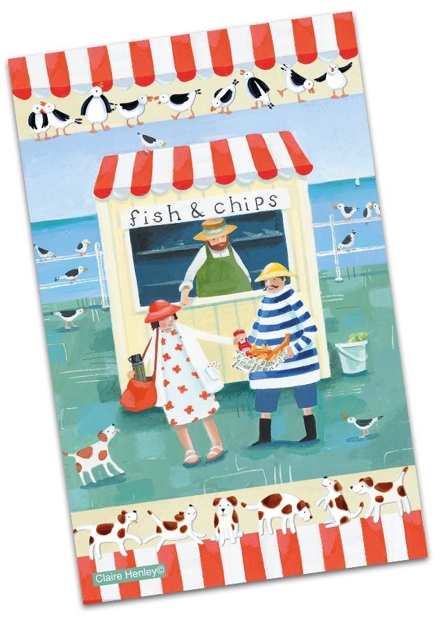 Emma Ball ""Claire Henley Fish & Chips"", Pure cotton tea towel. Printed in the UK