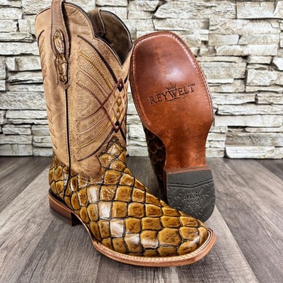 MENS REYWELT EMBOSSED COWBOY WESTERN BOOT SQUARE TOE LEATHER OUTSOLE SIZE 11
