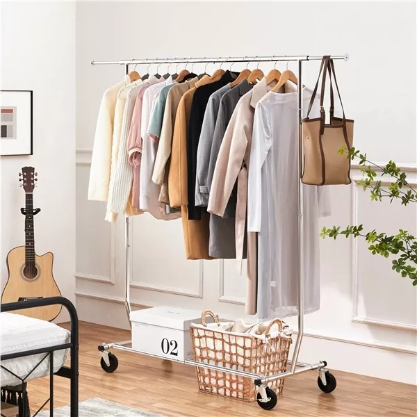 Heavy Duty Garment Rack Commercial Rolling Collapsible Clothing Shelf Single Bar