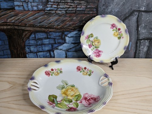 P K Silesia Porcelain yellow Pink Rose Beaded Rim Plate 9" 6"Cake Server Easter - Picture 4 of 16