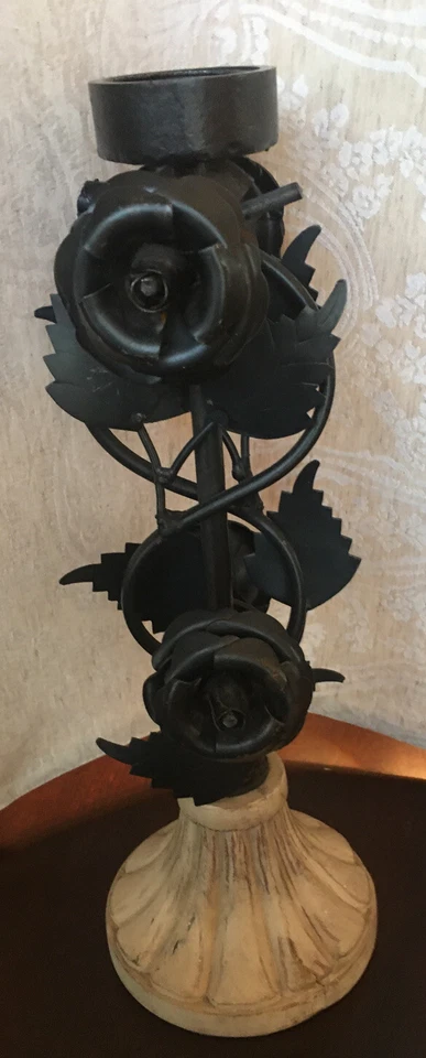 Iron Black Roses Candle Holder On A Wood Base Over 14” Tall And Heavy - Image 4 of 4
