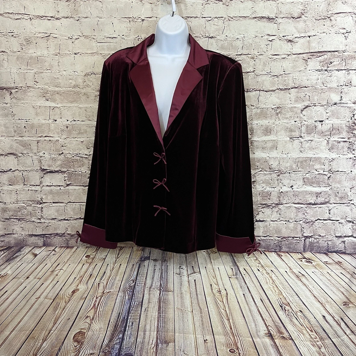 Coldwater Creek Womens Wine Velvet Satin Trim Bow Button Long Sleeve Jacket 18W