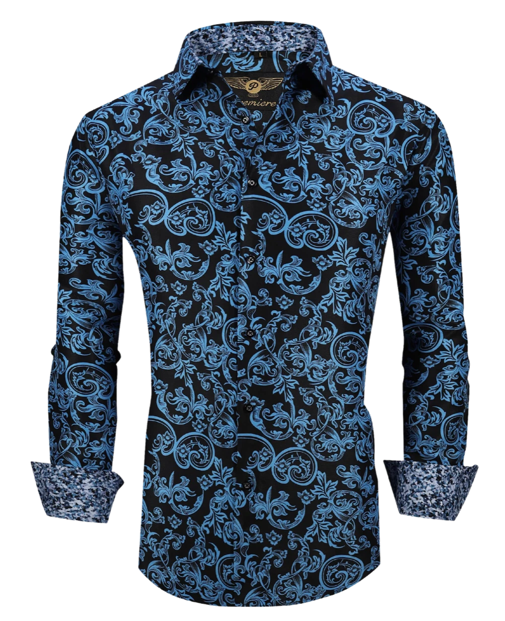 Men PREMIERE Long Sleeve Button Down Dress Shirt BLUE BLACK PAISLEY DESIGNER 623
