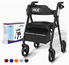 Rollator Walker Foldable w/ Seat, Senior, 8" Big Wheels, All Terrain, Inky Black