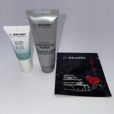 3 Pc Dr. Brandt Skin Sample Set Pore Primer .25oz,Eye Gel .10oz,Exfoliator .07oz